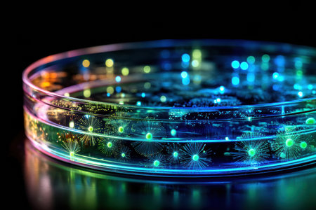 Glowing colonies of resistant bacteria illuminate a petri dish, revealing their vibrant patterns against a dark background, highlighting scientific discovery.の素材