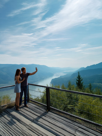 A couple smiles and poses for a selfie on a wooden platform surrounded by mountains and a river, enjoying the clear skies during the afternoon.の素材