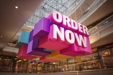 A large 3D order now button hovers prominently over a bustling shopping mall, encouraging customers to engage in retail activities during peak hours.の素材