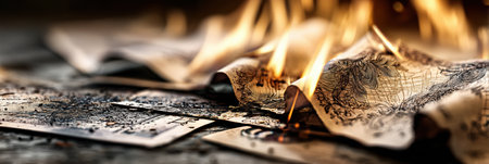 Burning banknotes are captured in hyperreal detail, symbolizing economic collapse and the loss of financial stability amidst rising concerns.の素材