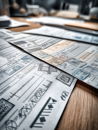 Close-up view of customs paperwork reveals rejected international logos, illustrating challenges in processing documents for international shipping.の素材