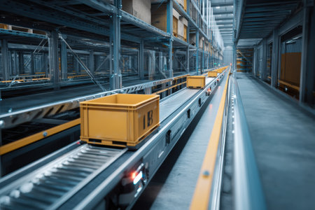 Robot moves crates along innovative smart tracks in a busy warehouse. Automation streamlines logistics, improving efficiency and productivity in operations.の素材