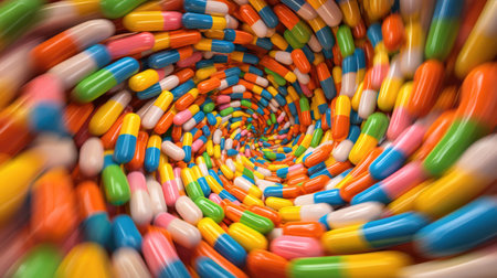 A vibrant tornado of multicolored capsules spirals energetically, showing an exciting array of hues and forms amidst a whirl of motion.の素材