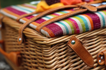 A close-up shows a woven picnic basket filled with colorful snacks on the grass, perfect for enjoying a sunny afternoon outdoors.の素材