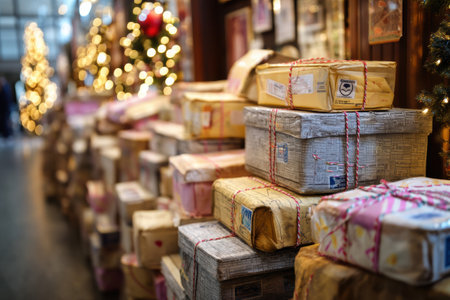 Stacks of express parcels are neatly arranged for holiday shipping, surrounded by twinkling lights and festive decorations, creating a cheerful atmosphere.の素材