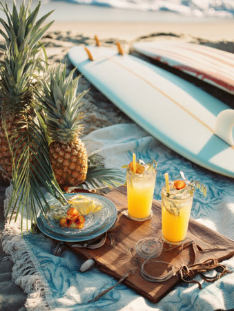 Enjoy a delightful beach picnic featuring tropical pineapple drinks and surfboards, perfect for relaxation on a sunny day by the ocean waves.の素材