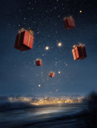 Gift boxes float gracefully through a starry night sky, casting a warm glow over a quiet town, creating an enchanting holiday atmosphere.の素材