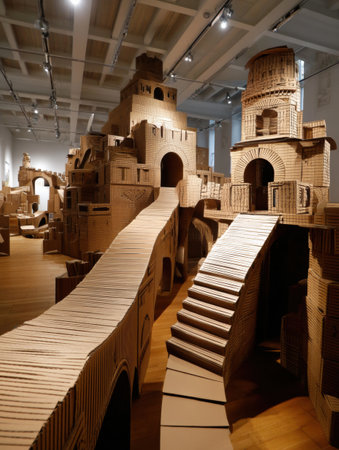 Unique cardboard structures form an interconnected maze of towers and bridges, showcasing imaginative designs in an exhibition space filled with creativity.の素材
