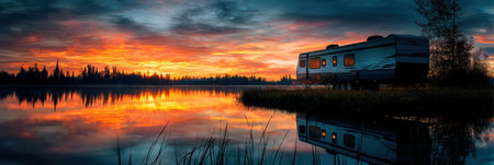 A travel trailer rests peacefully by the lake as the sun sets, casting vibrant colors across the sky and reflecting beautifully on the waters surface.の素材