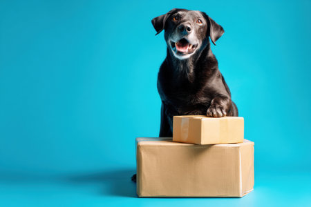 A happy dog sits on top of delivered packages with a cheerful expression, showing its playful nature against a vibrant blue backdrop.の素材