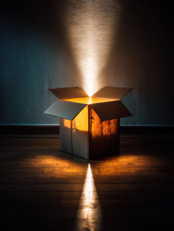 A glowing light bursts from an open cardboard box, creating a magical atmosphere in a dim room. It captures the excitement of discovering surprises inside.の素材