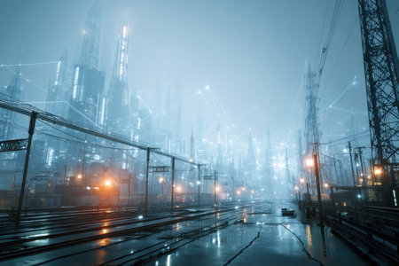 A foggy cityscape reveals neon skyscrapers, with East and West network lines disconnected, highlighting the cyberpunk contrast.の素材