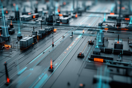 Futuristic factory layout illustrates shutdown facilities, with glowing elements exposing the disconnect in supply chains and tech integration.の素材