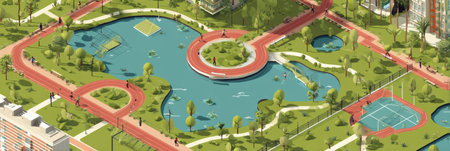 Joggers and walkers enjoy the winding tracks around serene lakes in a well-designed urban park. Green spaces create a welcoming atmosphere for everyone.の素材