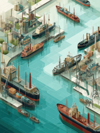 Multiple cargo ships are anchored in a vibrant isometric harbor, surrounded by shipping facilities and cranes, showing an active commercial port setting.の素材