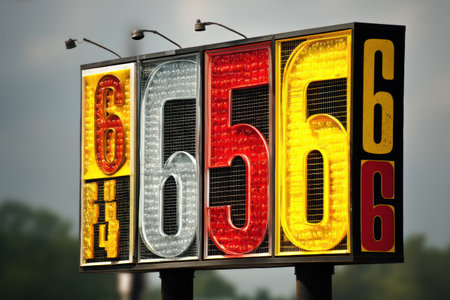 Extreme fuel prices are shown on a gas station sign, reflecting current economic challenges and rising costs for drivers in a suburban area during daylight.の素材