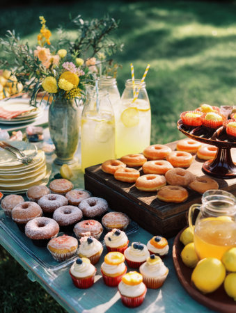 Bright picnic spread laid out on a table with an assortment of donuts, vibrant cupcakes, and chilled lemonade against a lush green backdrop.の素材