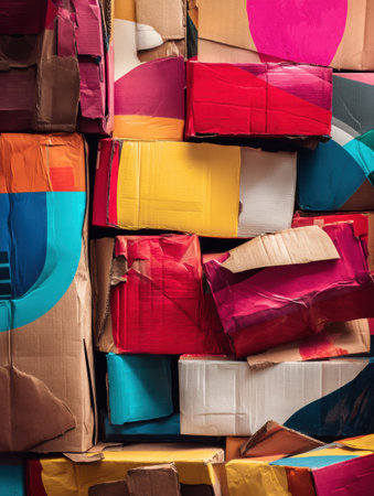 This artwork features a vibrant collage of flattened delivery boxes arranged to create an engaging abstract design, showing bold colors and patterns.の素材