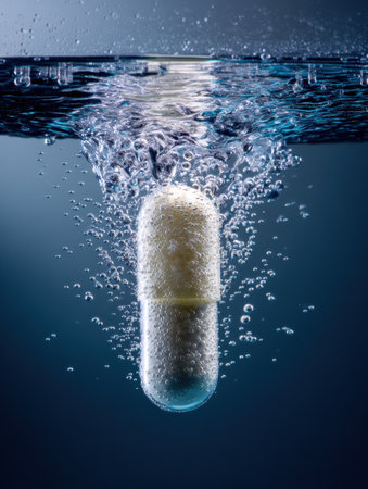 A pill dissolves in water, creating a captivating display of air bubbles that rise dramatically, showing the interaction of solid and liquid.の素材