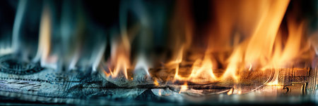 A detailed macro shot shows flames consuming the edges of a banknote, representing the financial impact of inflation with striking visual intensity.の素材