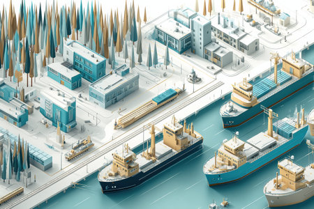 Docked cargo ships sit in a clean harbor, surrounded by modern buildings and vibrant trees under clear skies, showcasing an organized landscape.の素材