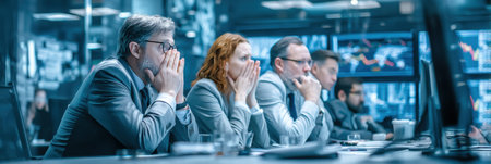 Tense executives observe trade news updates in a dimly lit boardroom, focusing on market changes and strategizing for future decisions during a pivotal moment.の素材