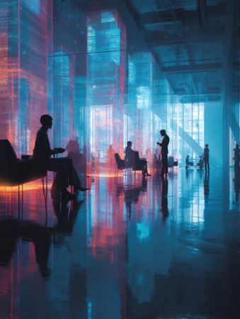 A modern office showcases people engaging with AI-driven holographic screens, all under cinematic lighting.の素材