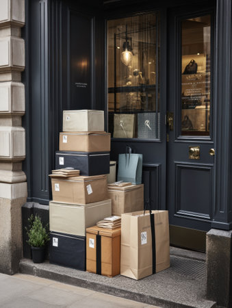 A stack of labeled parcels is arranged neatly at the entrance of a boutique, highlighting a busy day of deliveries and customer activity outside.の素材