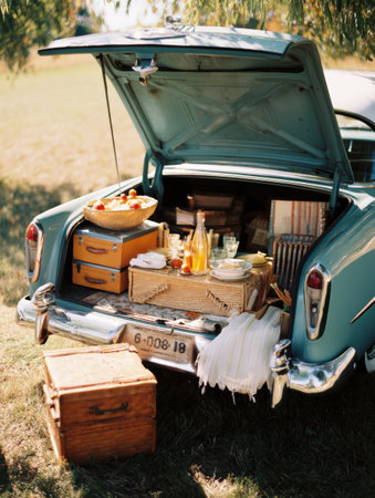 An inviting picnic setup emerges from the open trunk of a vintage car, featuring tasty snacks and refreshing drinks perfect for a sunny outdoor gathering.の素材