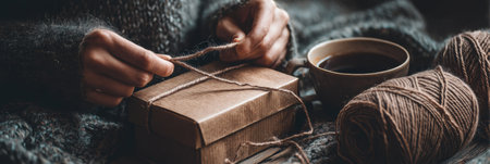 Nestled in a cozy environment, hands carefully tie twine around a rustic brown box while a warm cup of coffee sits close by, adding to the comforting vibe.の素材