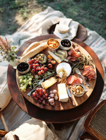 A rustic picnic setup features a beautifully arranged charcuterie board with cheeses, fruits, meats, and nuts surrounded by a natural landscape on a sunny day.の素材