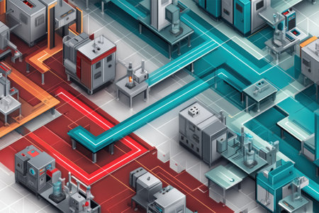 Two distinct assembly lines in a chip factory showcase a red and blue path, illustrating the precision and organization required in modern manufacturing.の素材