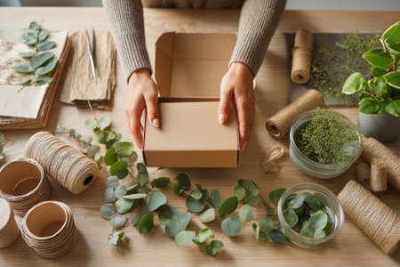 Hands are engaged in packing a sustainable box with biodegradable materials on a wooden table adorned with greenery and crafting supplies.の素材
