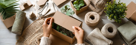 Hands are engaged in packing an eco-friendly box with biodegradable materials and natural elements in a well-lit workspace filled with crafting supplies.の素材