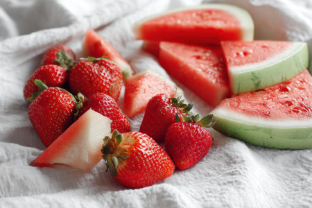 Fresh strawberries and juicy watermelon slices are arranged on a white picnic cloth, inviting enjoyment during a sunny outdoor gathering with friends.の素材