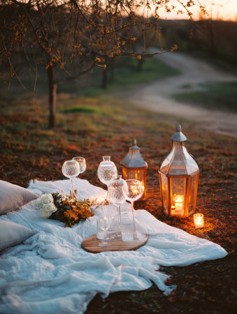 A picturesque picnic setup showcases wine glasses and glowing lanterns at sunset, surrounded by a beautiful natural setting perfect for a romantic evening.の素材