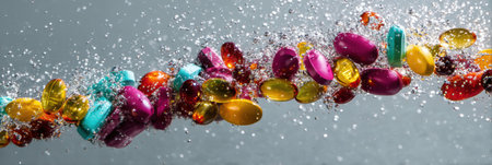 Vibrant, multi-colored vitamins create a striking splash in clear water, highlighting their bright hues against a clean background.の素材