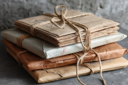 Stack of paper mail parcels neatly tied with rustic string lying on a textured surface, highlighting vintage packaging techniques in the afternoon light.の素材