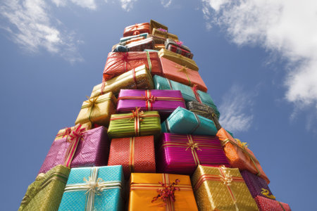 A vibrant tower of gift-wrapped packages in various colors stretches high against a clear blue sky, creating a festive and joyful atmosphere outdoors.の素材