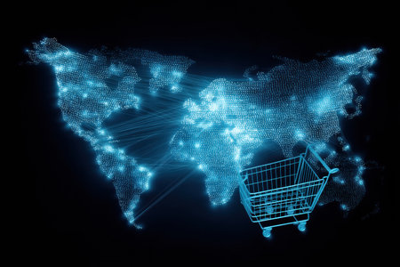 Visual representation of a global online shopping network featuring a glowing world map with digital connections and a shopping cart prominently displayed.の素材