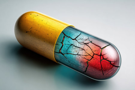Cracked antibiotic pill unveils shielded bacteria, illustrating the battle against infection in a symbolic and artistic manner.の素材
