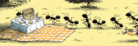 A lively group of ants heads toward a picnic spread, featuring food and drinks, on a sunny day in a park, showcasing their teamwork and determination.の素材