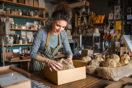 Entrepreneur carefully packs items into a shipping box while organizing workspace in a vibrant artisan shop, showing dedication to customer service.の素材