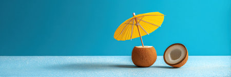 A creative summer concept showcases a coconut fruit with a bright yellow umbrella set against a vivid blue background, embodying tropical beach aesthetics.の素材