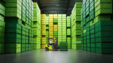 A forklift operator moves a stack of eco-labeled boxes through a spacious green warehouse filled with organized storage units under bright lighting.の素材