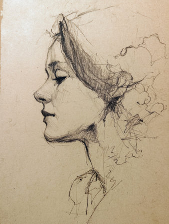 Loose pencil sketch illustrating the elegant profile of a woman, featuring soft lines and textures that enhance her serene expression and beauty.の素材