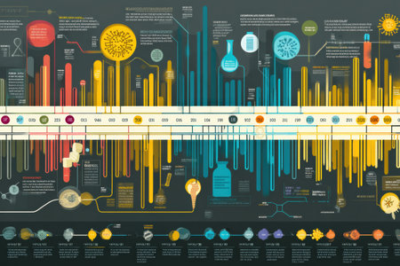 This infographic outlines significant milestones in bacterial mutation and drug resistance, highlighting important discoveries and challenges in microbiology.の素材
