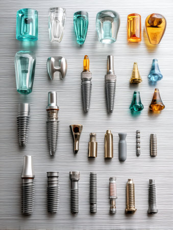 Dental implant components are organized on a sterile surface for examination, showing various types in a clinical setting.の素材