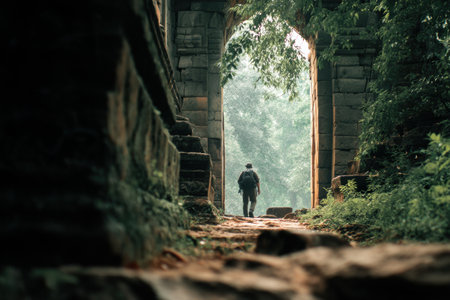 A man approaches an ornate ancient temple gate, his backpack slung over one shoulder, as sunlight filters through the trees, creating a magical atmosphere.の素材
