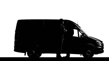 Silhouette of a service worker stands next to a van, with clear space on the right. Bright light enhances the contrast of the scene during daytime.の素材
